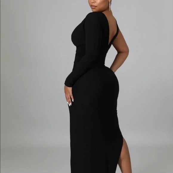 NEW TRENDY BLACK ONE SHOULDER FITTED MAXI DRESS - Picture 6 of 9